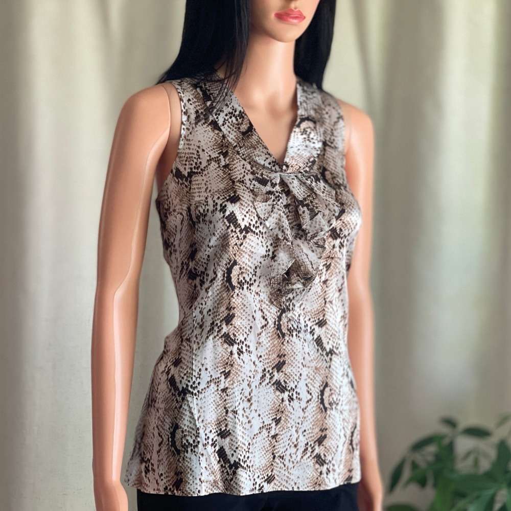 NWT White House Black Market Silk Blend Python Print Ruffle Blouse Sleeveless 6